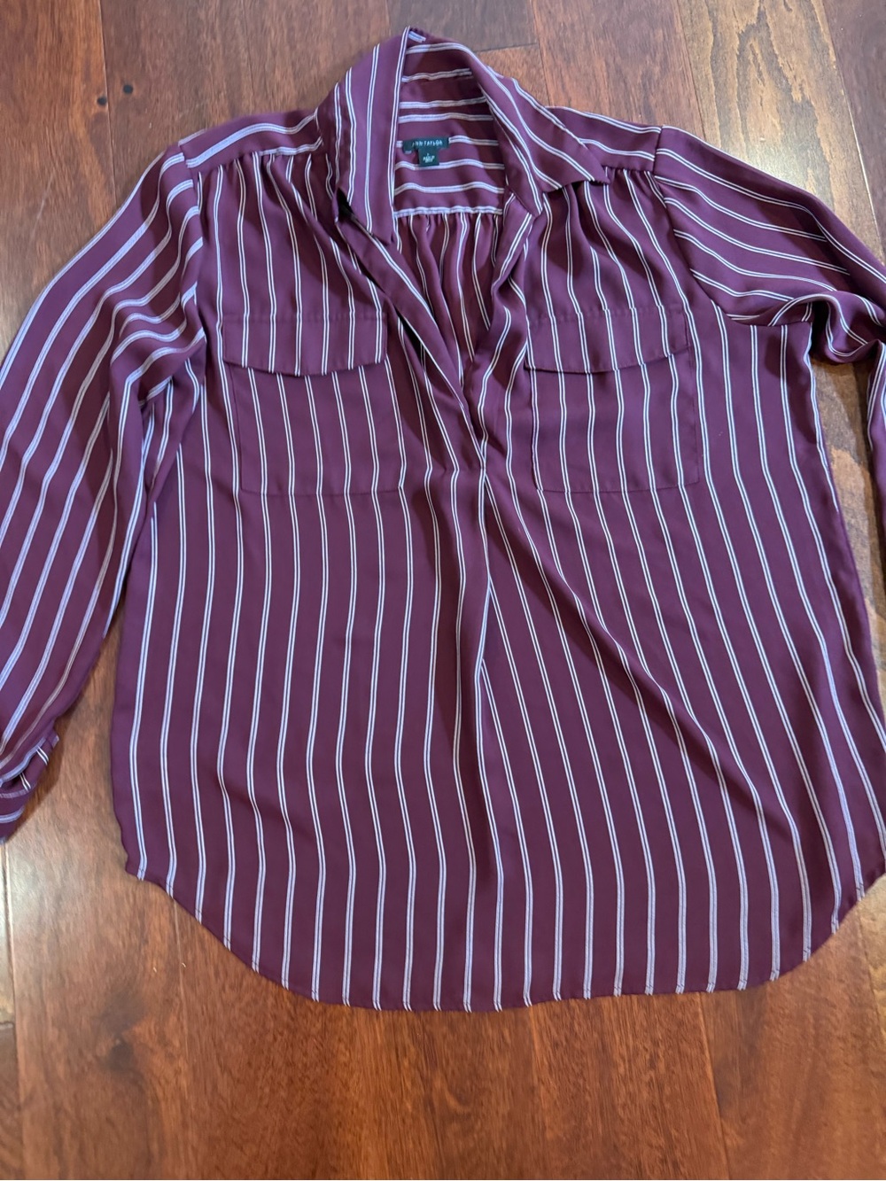 Ann Taylor Burgundy and White Striped V-Neck Blouse
